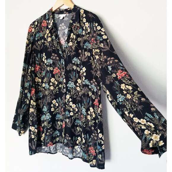 J. Jill Black Botanical Floral Button Front Shirt Blouse Tunic Long Sleeves M - Picture 13 of 15